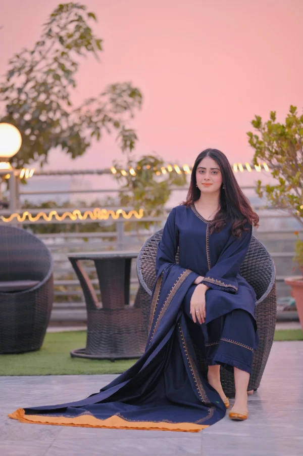 Dhanak Full Embroidered Unstitched 3PC Suit with Digital Printed Pashmina Wool Shawl - Image 2