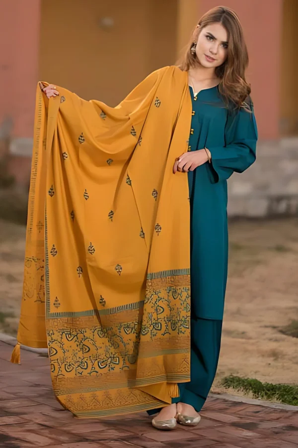 Dhanak Full Embroidered Unstitched 3PC Suit with Pashmina Wool Shawl - Image 3