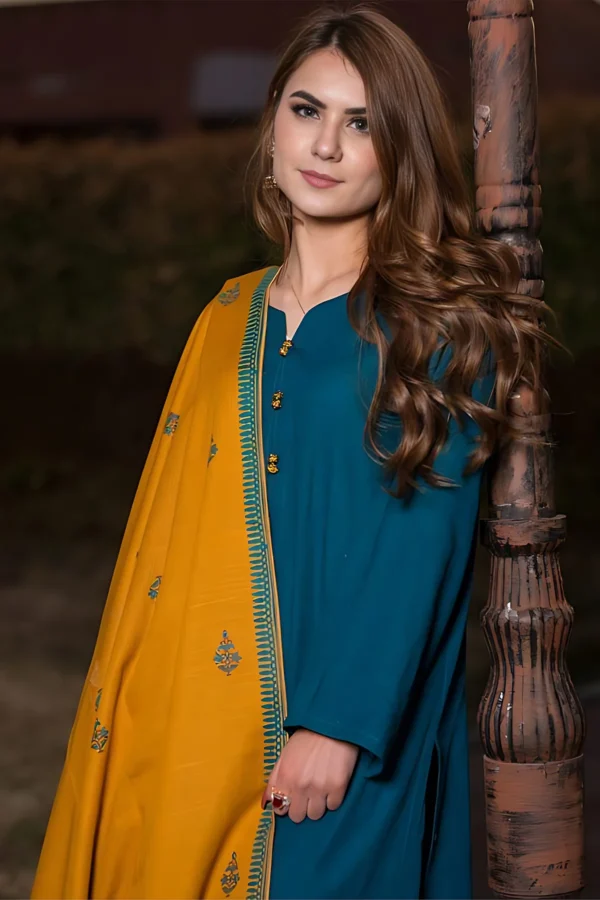 Dhanak Full Embroidered Unstitched 3PC Suit with Pashmina Wool Shawl - Image 5