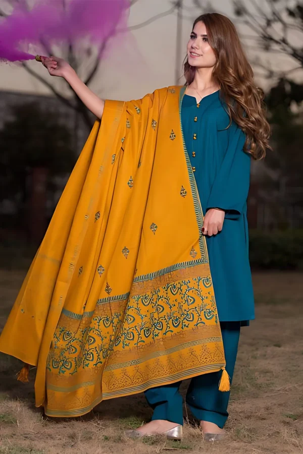 Dhanak Full Embroidered Unstitched 3PC Suit with Pashmina Wool Shawl - Image 6