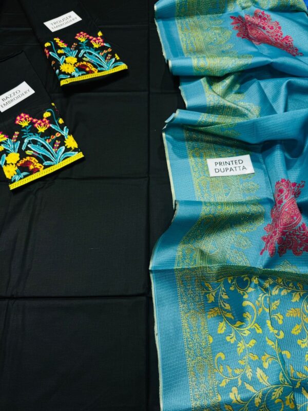 Dhanak Full Embroidered Unstitched 3PC Suit with Digital Printed Pashmina Wool Shawl - Image 2