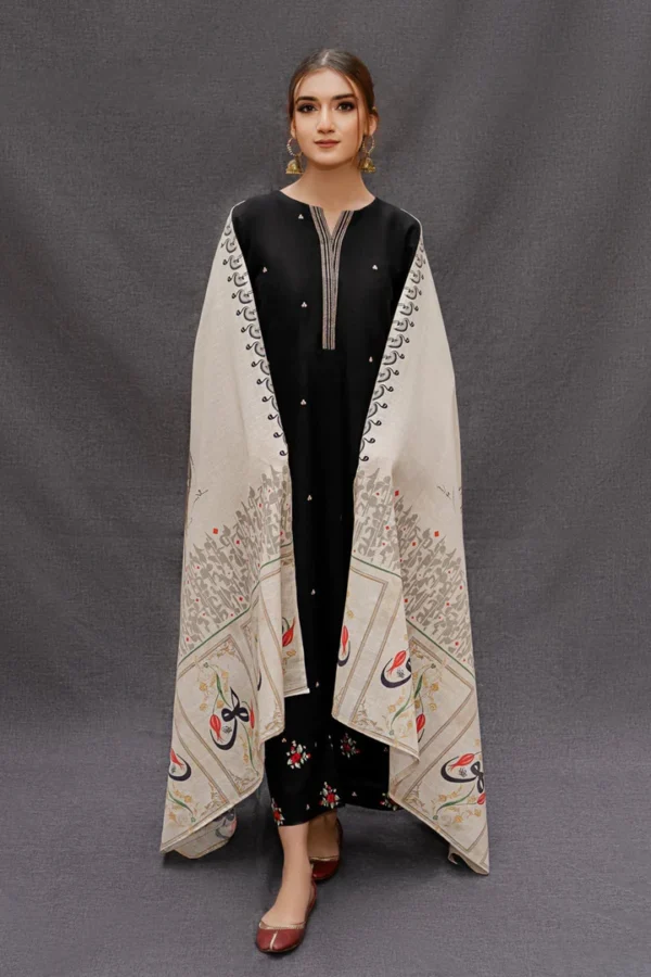 Dhanak Full Embroidered Unstitched 3PC Suit with Digital Printed Pashmina Wool Shawl - Image 3