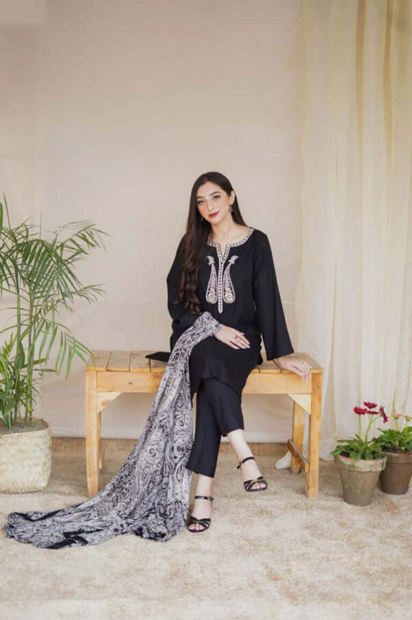 Dhanak Full Embroidered Unstitched 3PC Suit with Digital Printed Pashmina Wool Shawl - Image 3