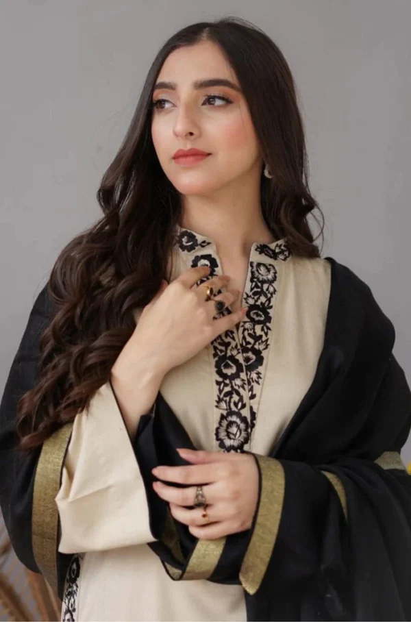 Dhanak Full Embroidered Unstitched 3PC Suit with Pashmina Wool Shawl - Image 4