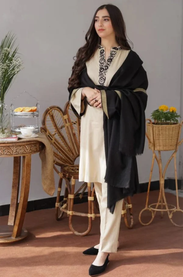 Dhanak Full Embroidered Unstitched 3PC Suit with Pashmina Wool Shawl - Image 2