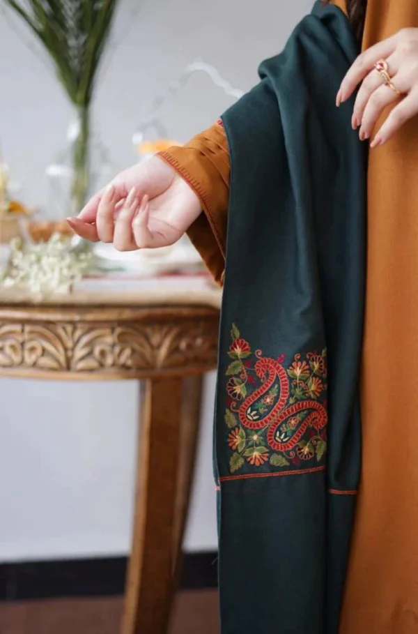 Dhanak Full Embroidered Unstitched 3PC Suit with Digital Printed Pashmina Wool Shawl - Image 3