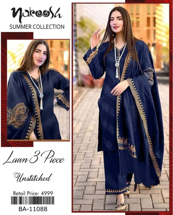 3-Piece AirJet Lawn Embroidered Suit with Digital Printed Diamond Dupatta