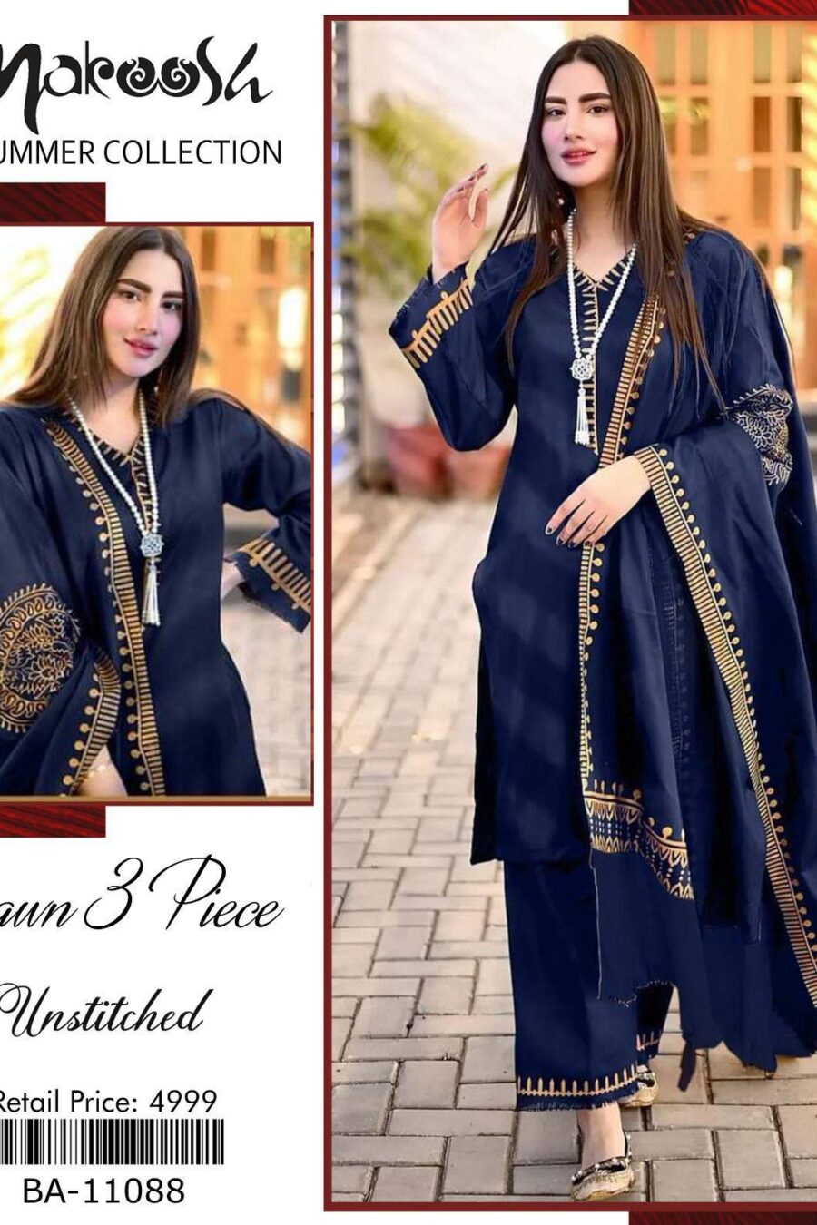3-Piece AirJet Lawn Embroidered Suit with Digital Printed Diamond Dupatta