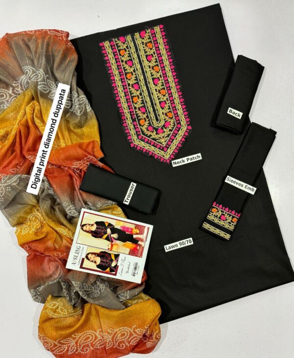 3-Piece AirJet Lawn Embroidered Suit with Digital Printed Diamond Dupatta - Image 5