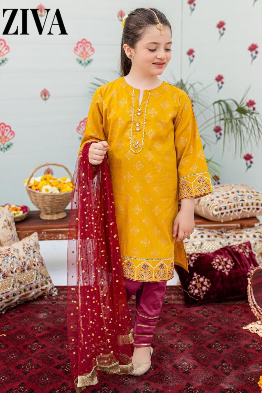 Kids 3PC Embroidered Lawn Suit – Elegant Festive Wear (Ages 5-12 Years)