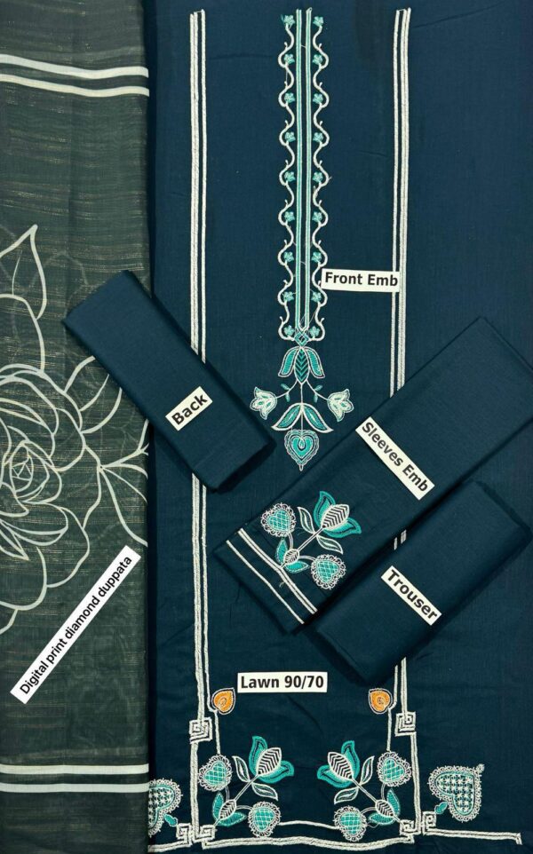 3-Piece AirJet Lawn Embroidered Suit with Digital Printed Diamond Dupatta - Image 3