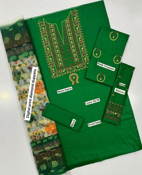 3-Piece AirJet Lawn Embroidered Suit with Digital Printed Diamond Dupatta - Image 9