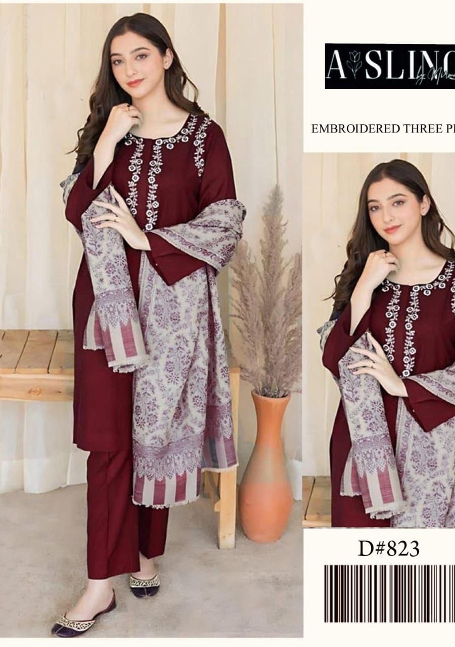 Dhanak Full Embroidered Unstitched 3PC Suit with Digital Printed Pashmina Wool Shawl