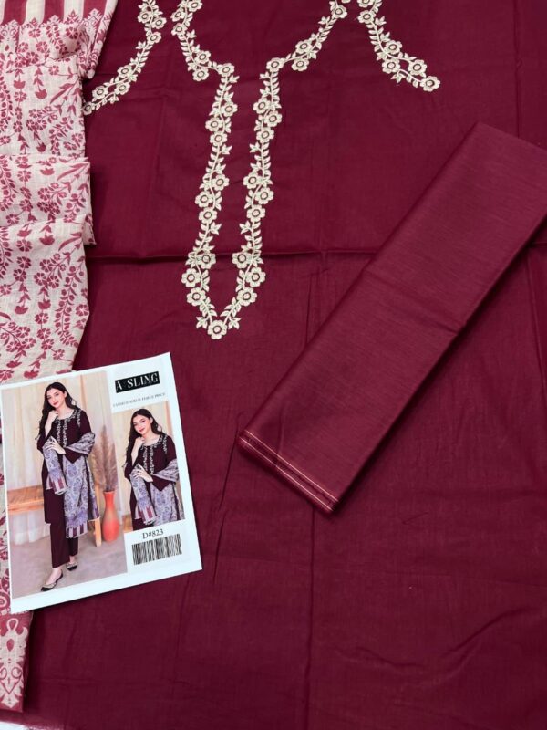 Dhanak Full Embroidered Unstitched 3PC Suit with Digital Printed Pashmina Wool Shawl - Image 2