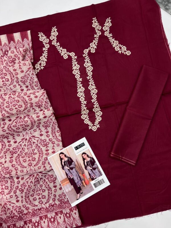 Dhanak Full Embroidered Unstitched 3PC Suit with Digital Printed Pashmina Wool Shawl - Image 3