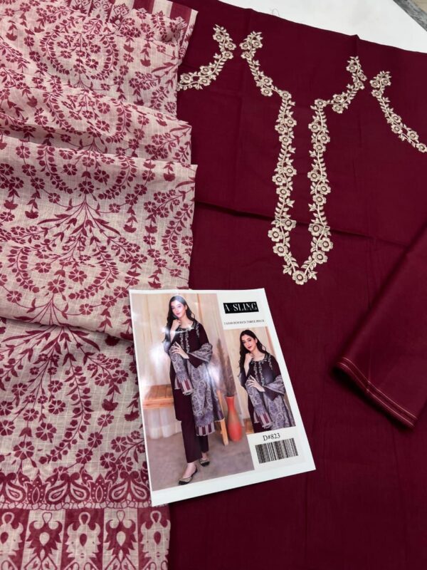 Dhanak Full Embroidered Unstitched 3PC Suit with Digital Printed Pashmina Wool Shawl - Image 4