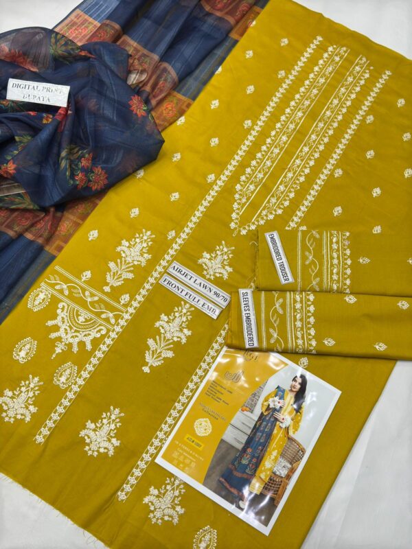 3PC Embroidered Lawn Suit with Digital Printed Dupatta - Image 3